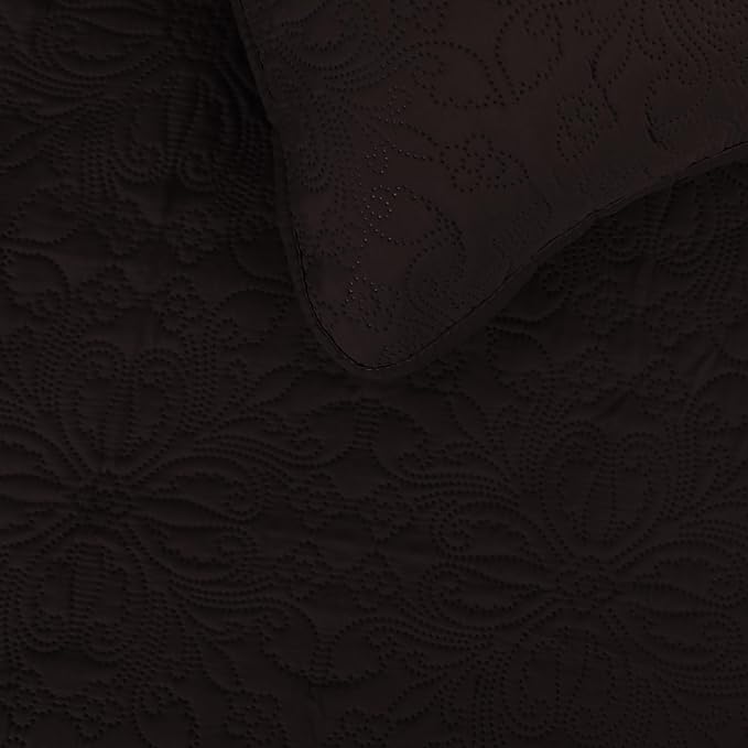 Easy-Going Reversible Quilt Set King, Bedspread with 2 Shams | Damask-Chocolate/Beige, Lightweight Bed Comforter, 1 Quilt + 2 Pillow Shams, All-Season Coverlets for Bedroom