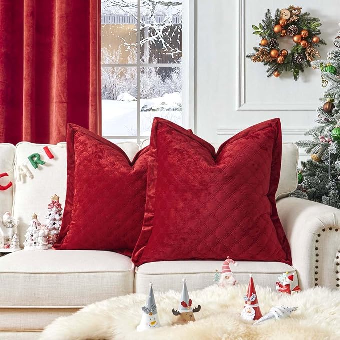 Pillow Cover 24x24 1 Piece Velvet Large Euro Sham with Hidden Zipper Wrinkle Resistant Soft Cross Process Decorative Farmhouse Quilted Cushion Covers for Couch Bed,Red
