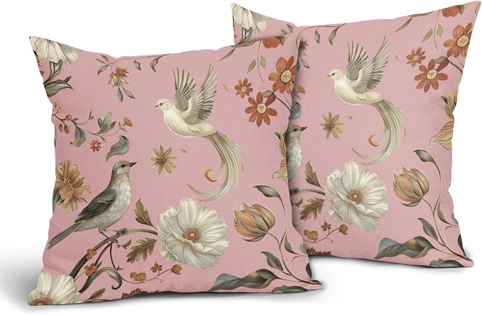 Kawani Vintage Floral Pillow Covers 16x16 Inch Set of 2 Pink Chinoiserie Flower and Bird Outdoor Decorative Throw Pillows Retro Rustic Pillowcases Farmhouse Cushion Covers for Couch Home Decor
