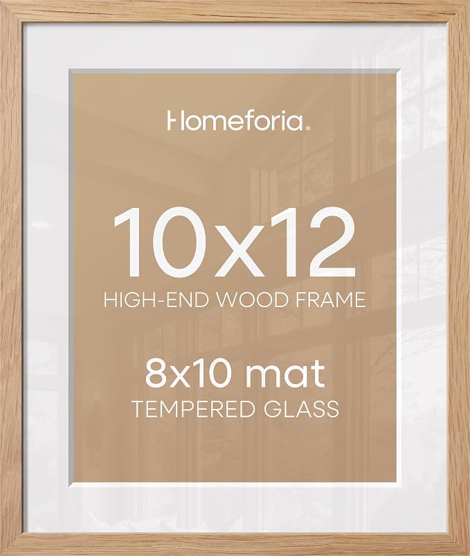 Homeforia 10x12 Natural Oak Picture Frame, High-End Wood, 8x10 Mat, Glass