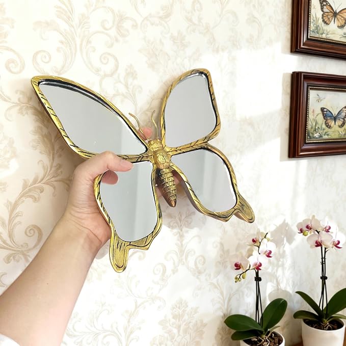Gold Resin Butterfly Mirror Wall Decor, Vintage Insect Shaped Decor Mirror | Butterfly Shaped Accent Wall Mirror, Butterfly Mirror Wall Sculpture, Creative Home Decoration for Bedroom Balcony Corridor