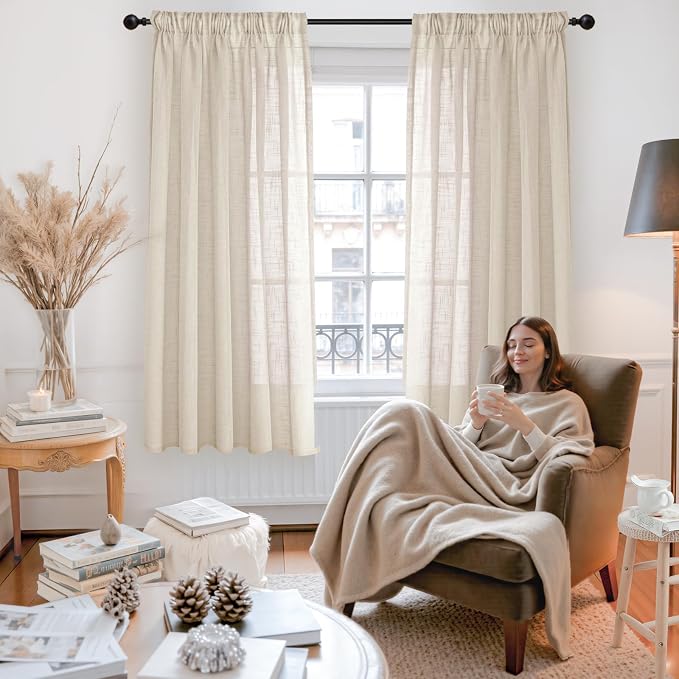 YoungsTex Oatmeal Linen Semi Sheer Curtains 42 X 63 Inch Length 2 Panels | Light Filtering Drapes Natural Textured with Rod Pocket Back Tab for Living Room Bedroom Window