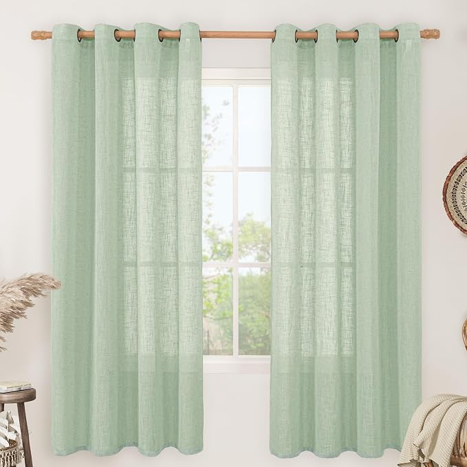 72 Inches Long Linen Sheer Curtains for Living Room 2 Panels | Fresh Green, Light Filtering, Bedroom Curtains, Soft Thick, Linen Textured Window Drapes, Bronze Grommet Panels, 52 x 72 Inch