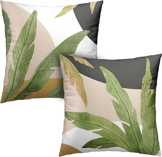 Green Leaves Spring Summer Throw Pillow Covers Geometric Palm Tree Pillow Covers 18x18 Set of 2 Modern Home Decor Room Tropical Outdoor Decorative Pillowcase for Sofa Bed Couch