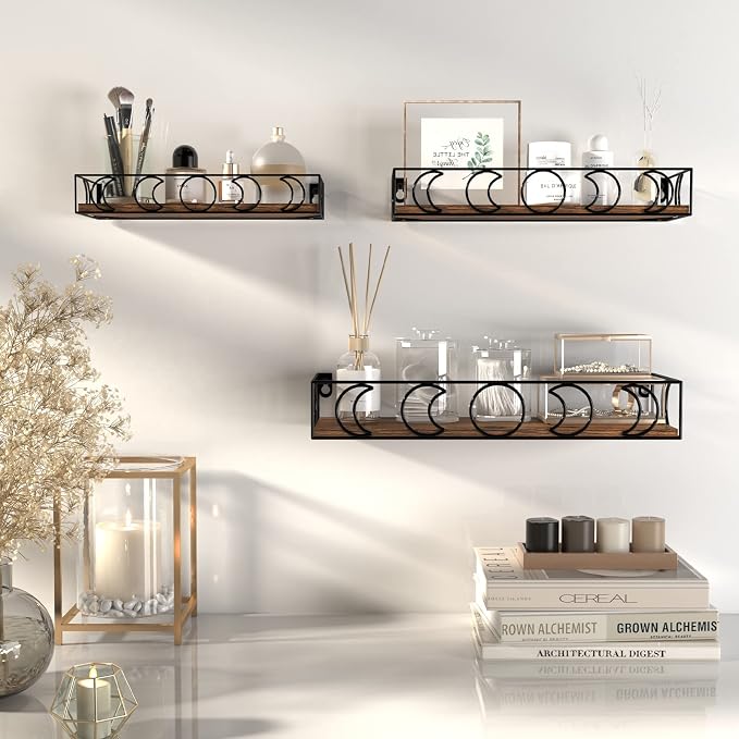 PHAREGE Moon Phase Floating Shelves Brown Black Set of 3