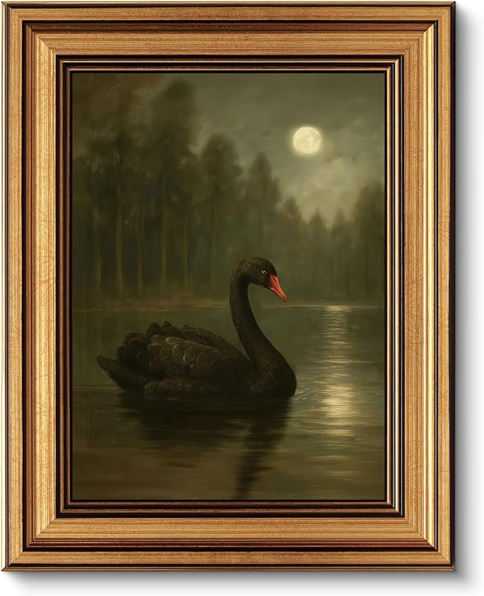 Vintage Gold Framed Wall Art Moonlit Black Swan Lake Wall Decor Picture Dark Academia Gothic Moody Poster Romantic Aesthetic Rustic Antique Print for Gallery Living Room Bedroom Home Decoration 9x11in