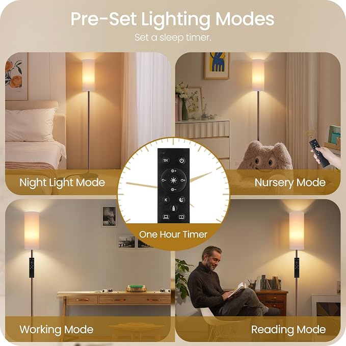 Dimmable Floor Lamps for Living Room with Remote and Foot Switch, 64.4” Modern Standing Tall Lamp, Corner Lamp for Bedroom, Bulb Included, 3000K-6500K, White and Brown VCW06LD05W1