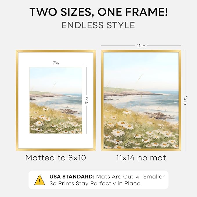 Homeforia 11x14 Gold Picture Frame, High-End Metal, 8x10 Mat, Glass