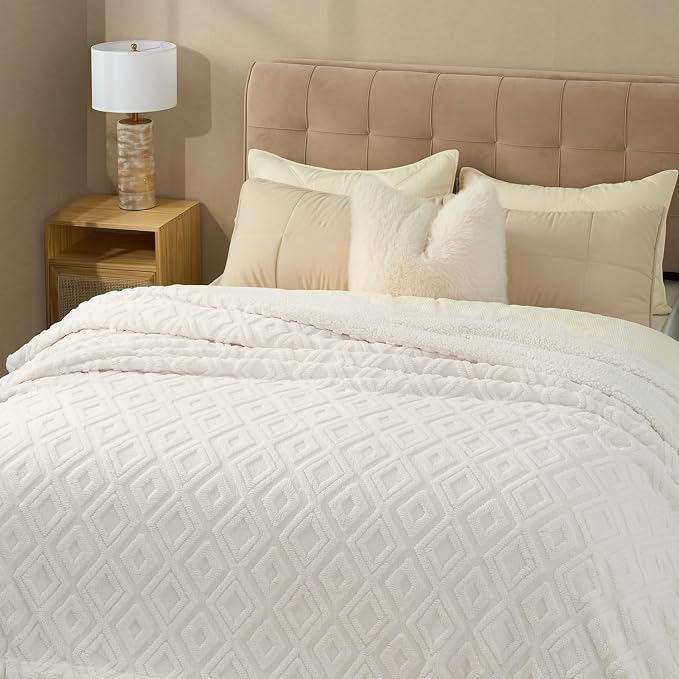 EverGrace Jacquard Reversible Sherpa Throw Blanket, 90" x 90", Off White | Jacquard Sherpa Throw Blanket, Super Soft, Cozy Plush Blanket, Reversible Thick Warm Throw for Bed, Sofa, Living Room