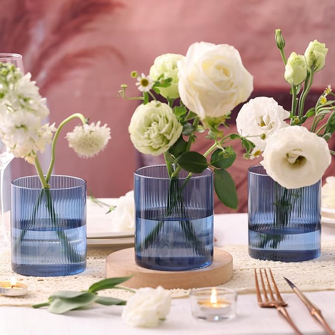 Glass Ribbed Cylinder Vase Set of 6,Bud Vase for Wedding Centerpieces,Clear Ribbed Glass Flower Vases Bulk,Hurricane Floating Candle Holder 4 Inch,Decorative Vases for Home Decor(Blue)