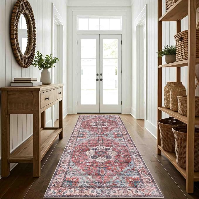 Machine Washable Area Rug, Soft & Durable, Non-Slip, Stain Resistant Rug for Bedroom, Living Room, Dining Room, High Traffic Areas. (Red/Sky Blue, 2.5' X 7')
