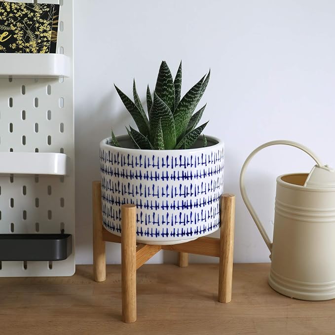 LA JOLIE MUSE Ceramic Planter with Wood Stand, 7.3 Inch Indoor Plant Pot