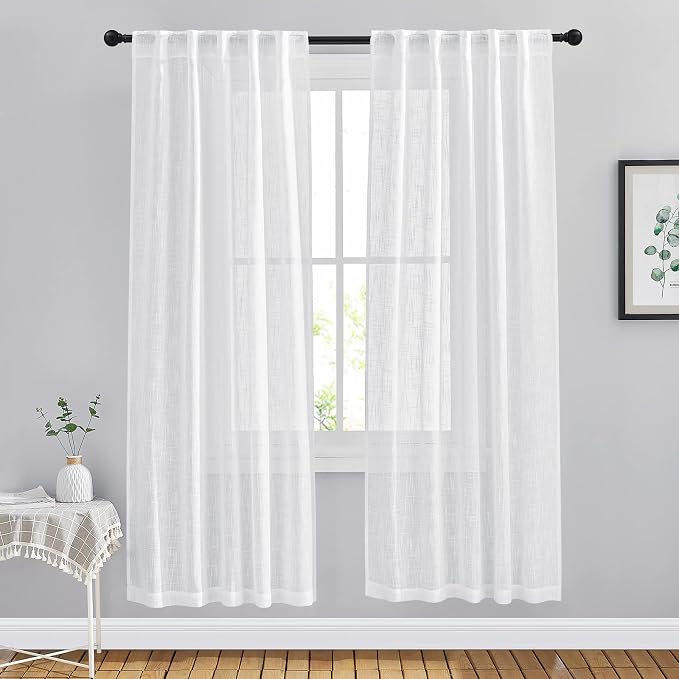 NICETOWN Semi Sheer Linen Curtains for Bedroom, Rod Pockets & Back Tab Linen Sheer Window Treatments Privacy with Light Penetration for Flat/Apartment, White, W42 by L72, Set of 2