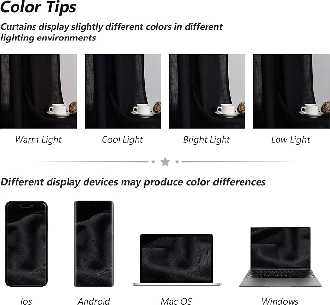 Black Linen Curtains 108 Inch Length for Living Room Bedroom 2 Panels Set Rod Pocket Light Filtering Semi Sheer Window Curtains 52 Inch Width Boho Farmhouse Linen Drapes, W52xL108