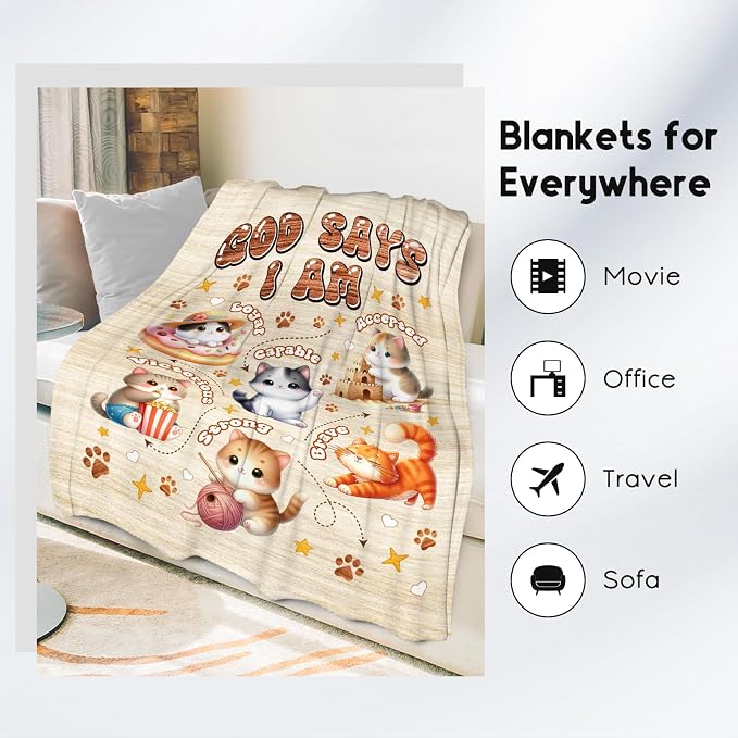 Cat Blankets for Cat Lovers, Cat Themed Gifts for Girls Boys Women Adults, Cat Blanket with Cats on It, God Says I Am Blanket for Kids Daughter Son, Fleece Throw Blankets for Couch Chair, 30"x40"