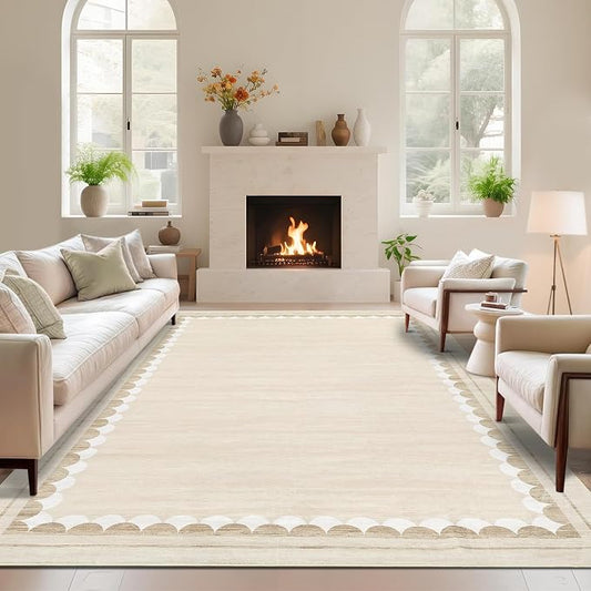 COZYLOOM 10x13 Dining Room Rugs for Under Table, Machine Washable Area Rugs for Bedroom, Non Slip Non Shedding Modern Border Rug, Stain Resistant Low Pile Carpet for Living Room, Nursery, Beige