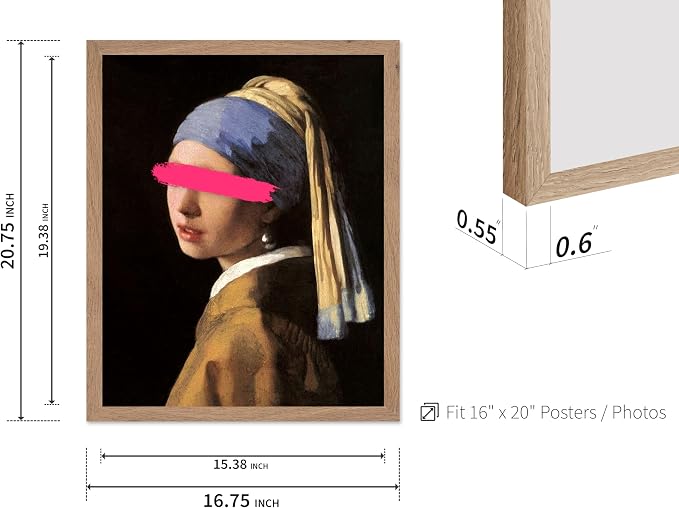 Poster Master Girl with a Pearl Earring Painting Print - Baroque Portrait Poster - Altered & Pop Art - Gift for Men & Women - Decor for Bedroom, Living Room or Office - 16x20 Beige Framed