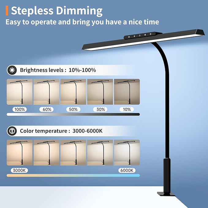 Desk Lamp with Clamp,Eye-Caring Adjustable Brightnes Desk Light for Office