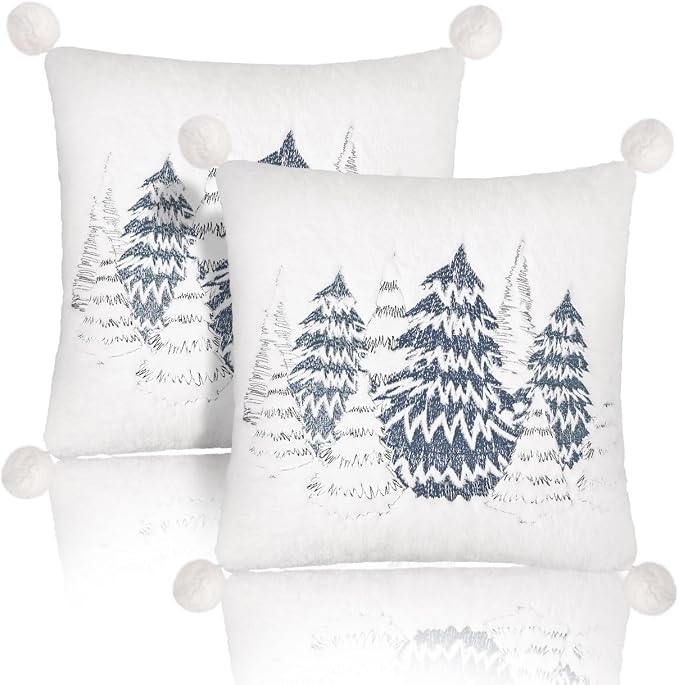 Lewondr Christmas Throw Pillow Cover, 18x18 Inch, Set of 2, Cedarwood | Double-Sided, Luxury Soft Faux Fur, Decorative with Plush Ball, Cute Embroidered, For Bed Home Decor Living Room