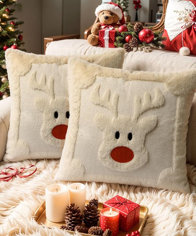 Christmas Pillow Covers Set of 2 Soft Plush Faux Fur Pillow Cases 3D Embroidered Decorative Couch Cover Home Decor Christmas Throw Pillow Covers 16x16,Beige Reindeer
