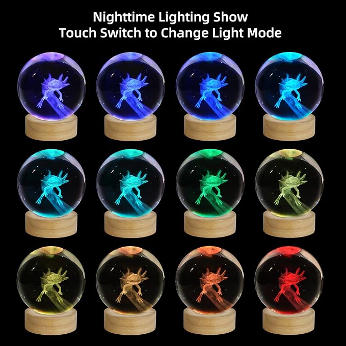 3D Axolotl Crystal Ball Night Light, Upgraded 3.15 Inch Glass Ball Lamp with 16 Color LED Wooden Base, Axolotl Decor Birthday Holiday Christmas Gifts for Boys Girls Friends (Axolotl-1)