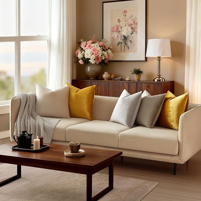 16x16 Velvet Throw Pillow Covers Set of 2 for Couch Sofa Bed,Golden