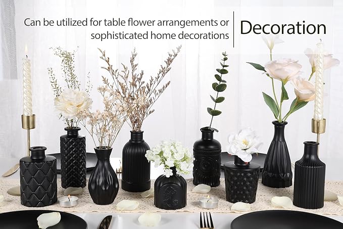 TBWIND 12 Pcs Black Glass Bud Vase Set, Small Vases for Flowers | Bud Vase for Centerpieces in Bulk, Mini Vintage Vase, For Rustic Wedding Decorations, Office and Home Table Flower Décor