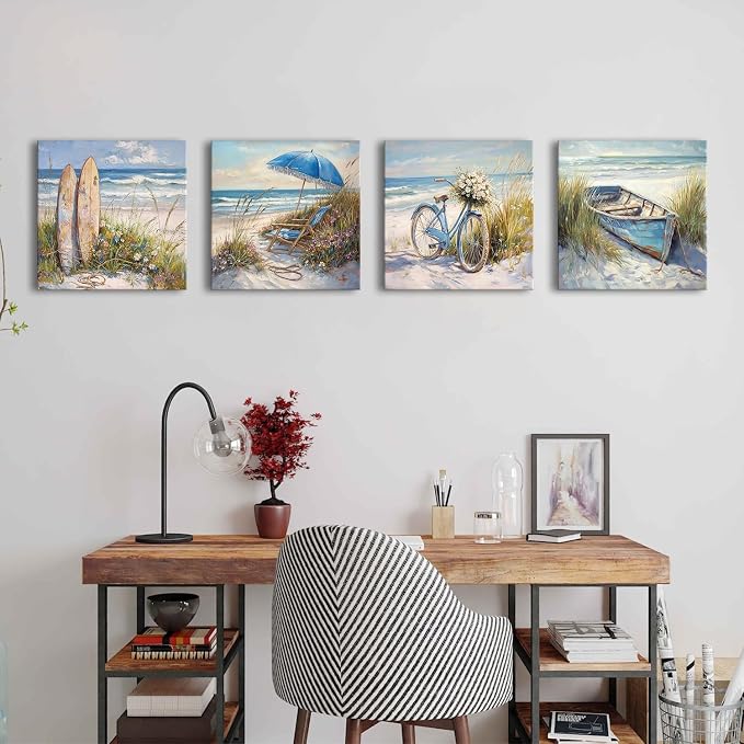Beach Wall Art Bathroom Decor Rustic Coastal Landscape Bike Boat Surfboard Seaside Canvas Wall Decor for Living Room Abstract Nature Coast Seascape Picture Nautical Beachy Home Decorations 12x12" 4Pcs