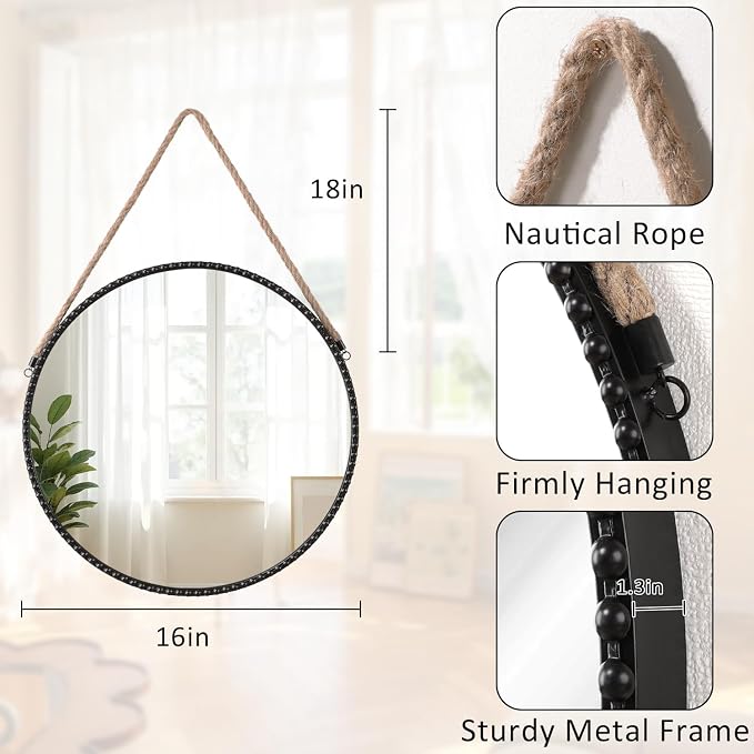 Wall Hanging Mirror with Round Metal Framed Black Beaded Circle Mirrors for Bedroom Bathroom Living Room Home Entryway Decorative 16"