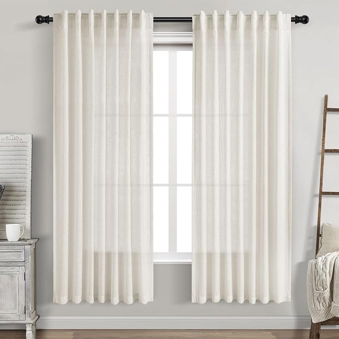 Cream White Linen Curtains 70 Inch Length 2 Panels Set for Living Room Back Tab Pocket Window Curtain Drapes Neutral Rustic Farmhouse Decor Ivory Dining Room Curtain 70 Inches Long