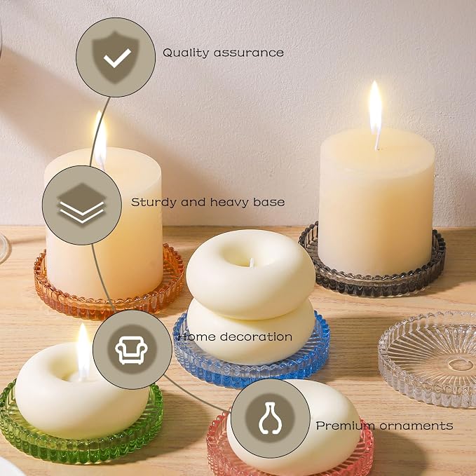 2 Pack Glass Pillar Candle Holders 4 Inch Ribbed Edge Design Decorative Candle Plate with Serrated Edges Clear Blue Display Stand for Wedding Home Decor Table Centerpieces