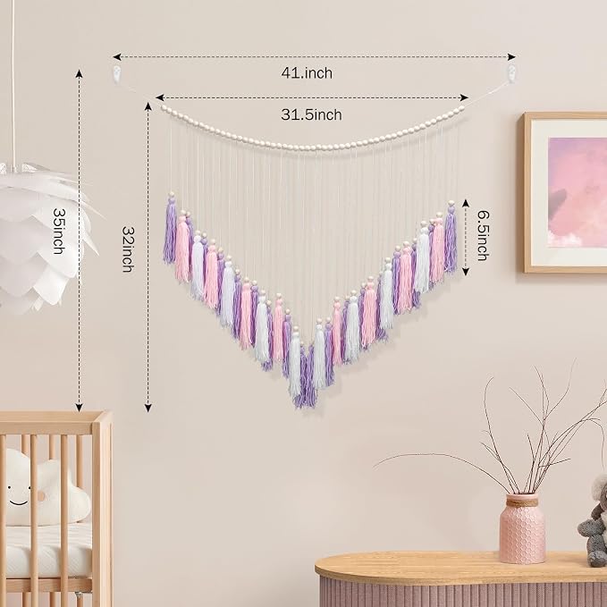 Luxbrand Pink & Purple Macrame Hanging Boho Wall décor, Large Tassel Wall Hanging with Wood Beads, Purple Wall Decor for Bedroom Living Room Girls Room Nursery, 41" W x 32" H