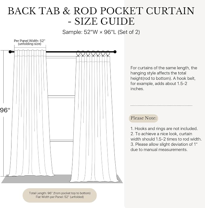NICETOWN Birch Linen Semi Sheer Curtains 96 inches Long, Rod Pocket & Back Tab Linen Blend Semi Sheer Privacy with Light Filtering for Farmhouse/Living Room, W52 x L96, 2 Panels