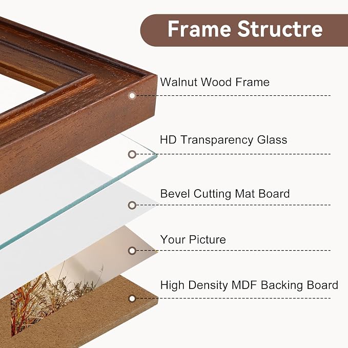 SNAPSHOT 5x7 Picture Frame, Natural Walnut Wood Photo Frame Set with Real HD Glass for Pictures 4x6 with Mat or 5x7 Without Mat, Gallery Poster Frame for Wall or Tabletop - 2Pcs