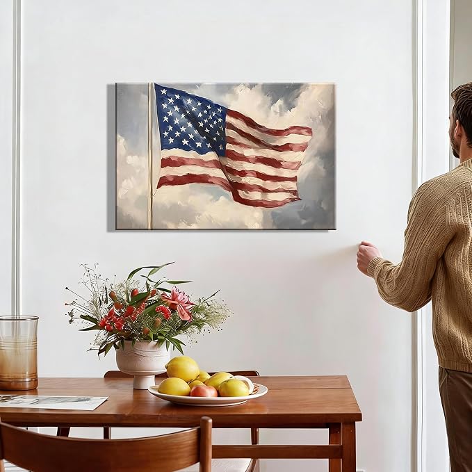 Vintage American Flag Framed Canvas Wall Art 12x18in, Patriotic Oil Painting Canvas Print, 4th of July Independence Day Wall Decor for Living Room, Bedroom, Office, Made in USA