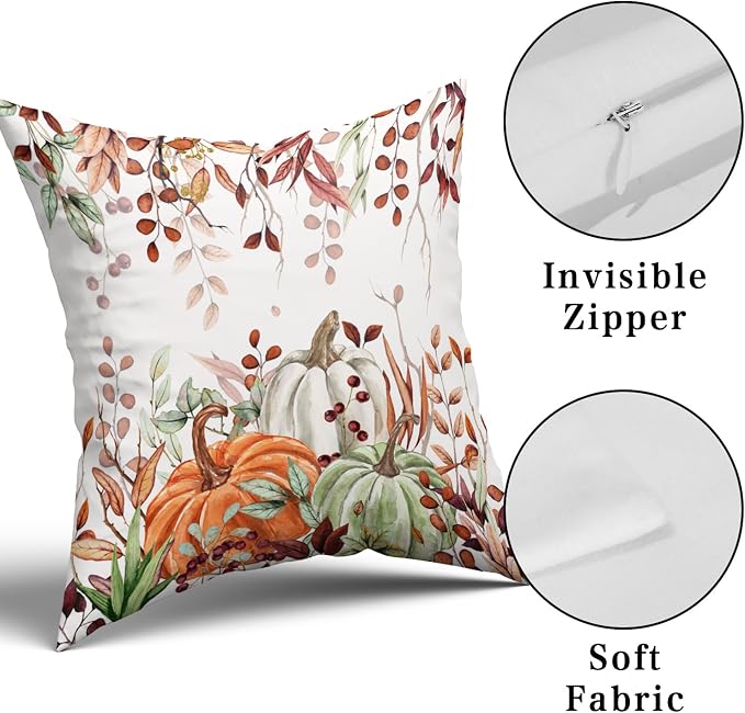 Giwawa Fall Pillow Covers Set of 2 18x18 Inch Orange Green Pumpkins Autumn Leaves Thanksgiving Cushion Covers Farmhouse Decorative Double Sided Throw Pillowcases for Indoor Outdoor Holiday