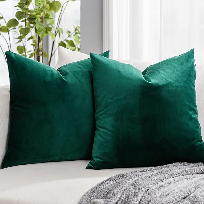 Dark Green Christmas Couch Velvet Throw Pillow Covers 14x14 inch Set of 2 with Zipper Decorative Luxury Soft Solid Square Cushion Covers Case for Sofa Bed Living Room Car