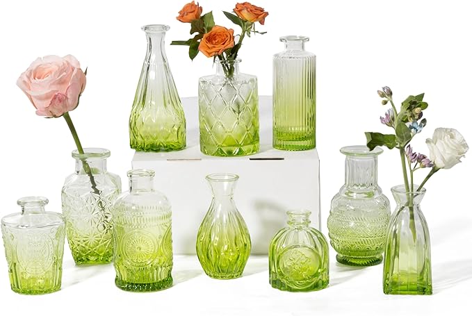 Olive Green Glass Bud Vases Set of 10, Wedding Table Centerpiece | Set of 10 Olive Green Vintage Glass Bud Vases, Earthy Tones for Rustic & Bohemian Wedding Centerpieces and Home Decor