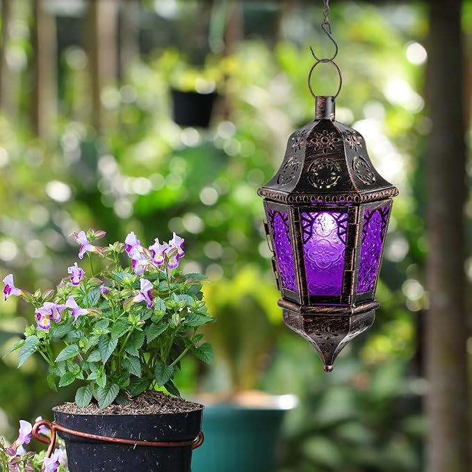NEEDOMO Halloween Decorative Indoor Hanging Moroccan Lantern, 13.5'' Vintage Metal Candle Holder with 14.8" Chain, Ramadan Lanterns Decorative Indoor Outdoor for Home, Table, Patio, Porch (Purple)