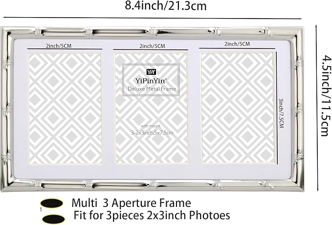 YiPinYin 3-2x3'' Silver Multi Metal Picture Frames 3 setion frame 2pack, Bamboo Detail Silver Plated Nurse Photo Frames 3-2x3'' Baby frames With Soft Velvet Backing for Desktop and Wall Décor