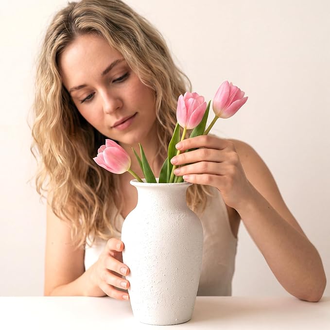 White Ceramic Vase for Home Decor, 8.4 Inch Terracotta Flower Vase | Waterproof Interior, Decorative Rustic Vase for Living Room, Dining Table, Fireplace, Shelf, Office, Housewarming Gift