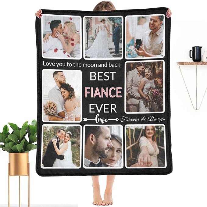 Gifts for Fiance Custom Blanket with Photo, Make a Personalized to My Lover Blankets with Picture, Customized Memories Souvenir Throws for Best Fiance Ever, 8 Collage Made in USA