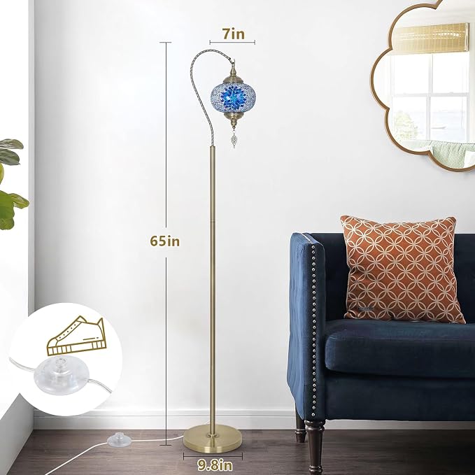 LAMSU Turkish Moroccan Floor Lamp, Tiffany Lamp with Handmade Mosaic Glass Shade, Bronze Base, Swan Neck Tall Standing Lamps for Living Room Bedroom Corner Light Home Decor, Blue