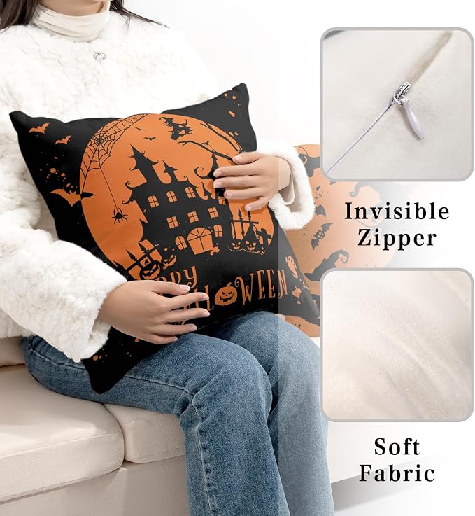 Halloween Decor Indoor Fall Pillow Covers 20x20 Pack of 2 Witch Castle Decor Black and Yellow Pillow Case Happy Halloween Pillow Covers Hallowee Room Decor for Sofa Bedroom