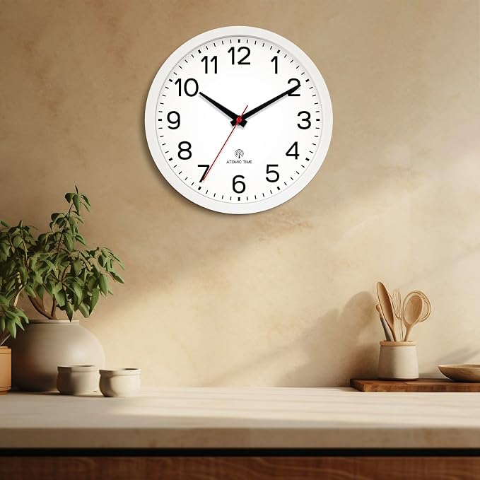 AKCISOT 10 Inch Wall Clock, Silent Battery Operated Analog Clock, White | Atomic | Classroom | Kitchen | Office | Easy to Read Numbers | Garage