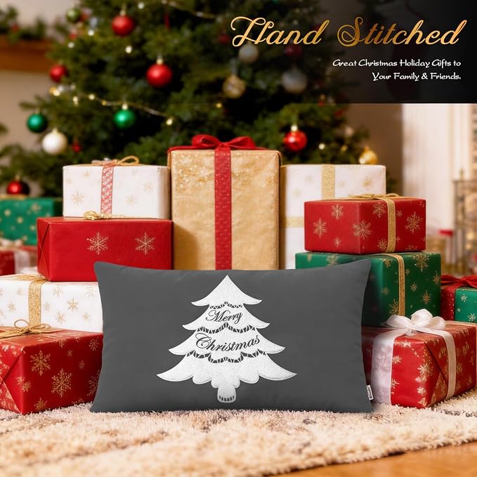 BRAWARM Christmas Pillow Cover 12 X 20 Inches, Gray Christmas Tree Embroidered Lumbar Pillow Cover, Soft Velvet Decorative Throw Pillow for Couch Bed Sofa Living Room Home