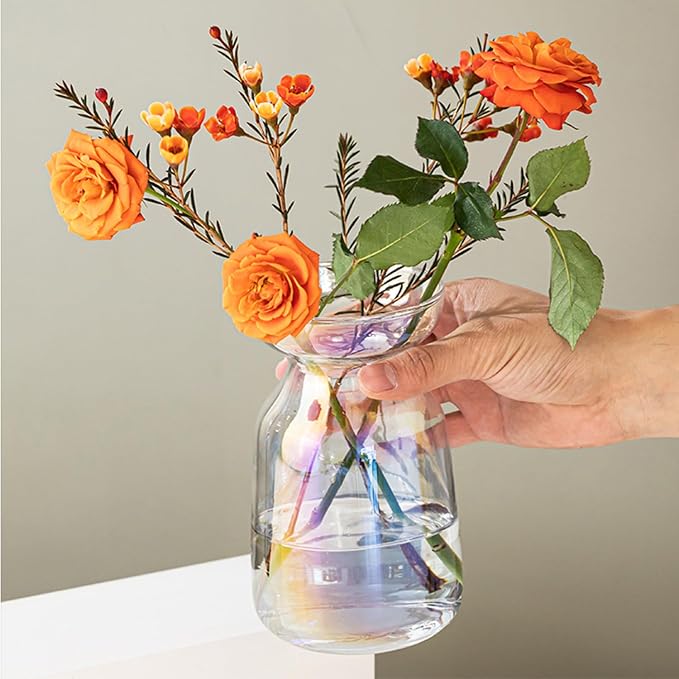 Gute Glass Vases for Decor,Modern Iridescent Flower Vase Centerpiece,5.9in | Premium Glass,Sturdy Thickened Base,Smooth Polished Rim,Wide Opening,Tapered Neck Design,For Living Room Kitchen Office