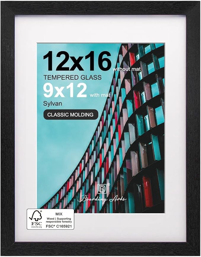12x16 Picture Frame-Black,9x12 Mat,Tempered Glass,Engineered Wood