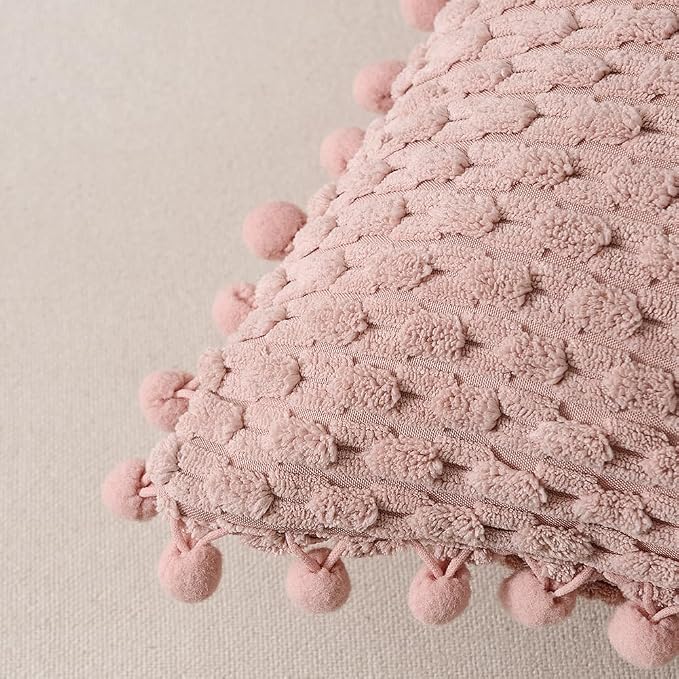 Fancy Homi 2 Packs Dusty Pink Decorative Throw Pillow Covers 16x16 Inch with Pom-poms for Couch Bed Sofa, Modern Farmhouse Boho Home Decor, Soft Cute Plush Corduroy Blush Cushion Case 40x40 CM