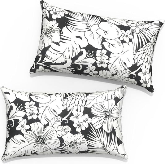 12x20 Inch Lumbae Pillow Covers, Rectangle Waterproof Throw Covers Set of 2, Decorative Patio Furniture Cushion Cases for Porch Garden, Tropical Blossom Noir